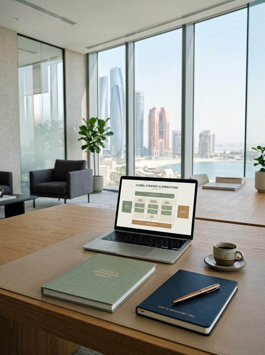 A clean, organized workspace with laptop and notebook — how structured administrative work feels